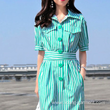 Women Casual Cotton Striped Dress with Belt